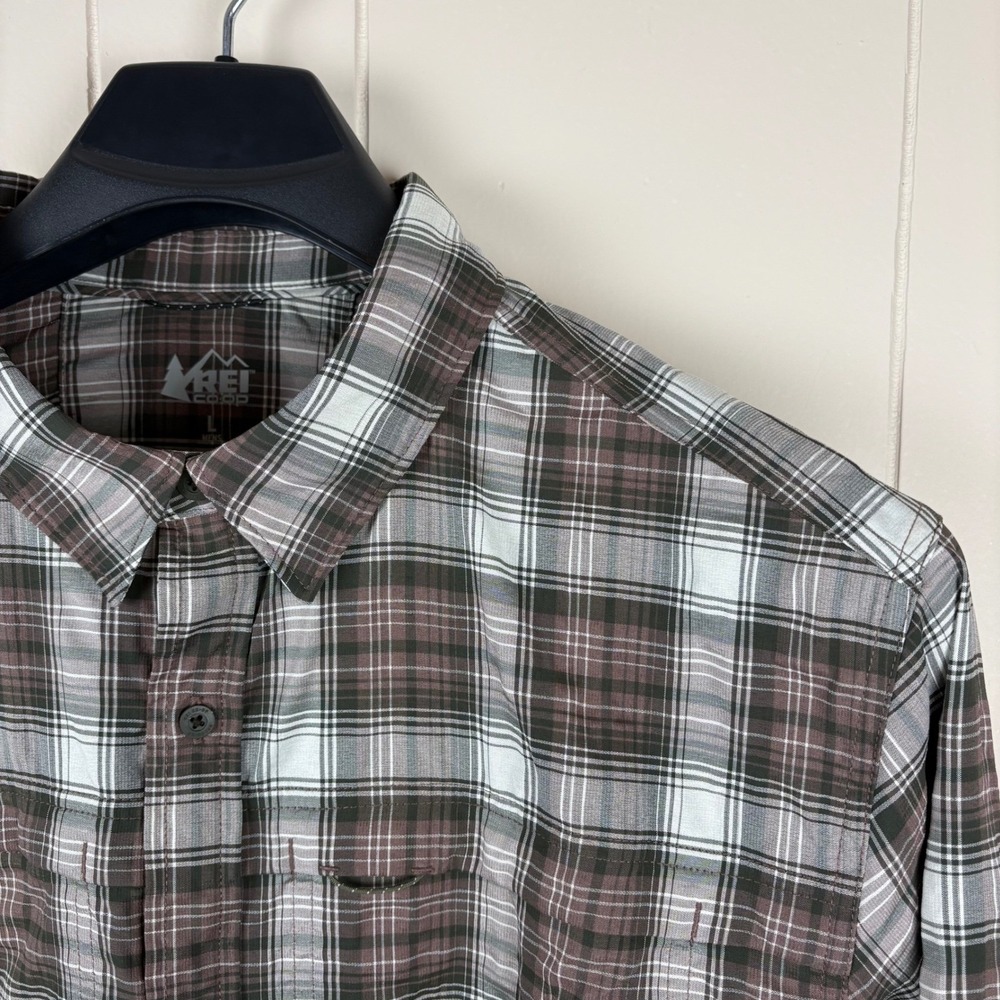 REI Co-op Mens Plaid Long Sleeve Hiking Shirt Brown White Roll Tab Large